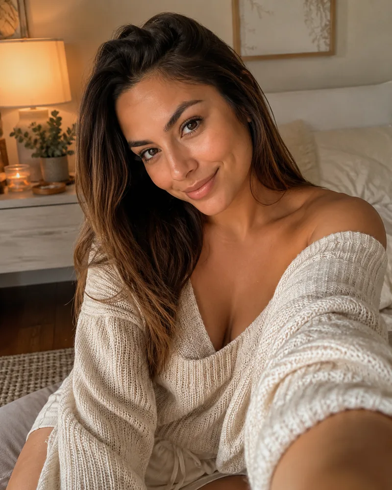 Real woman smiling on a live webcam roulette chat — cozy bedroom selfie