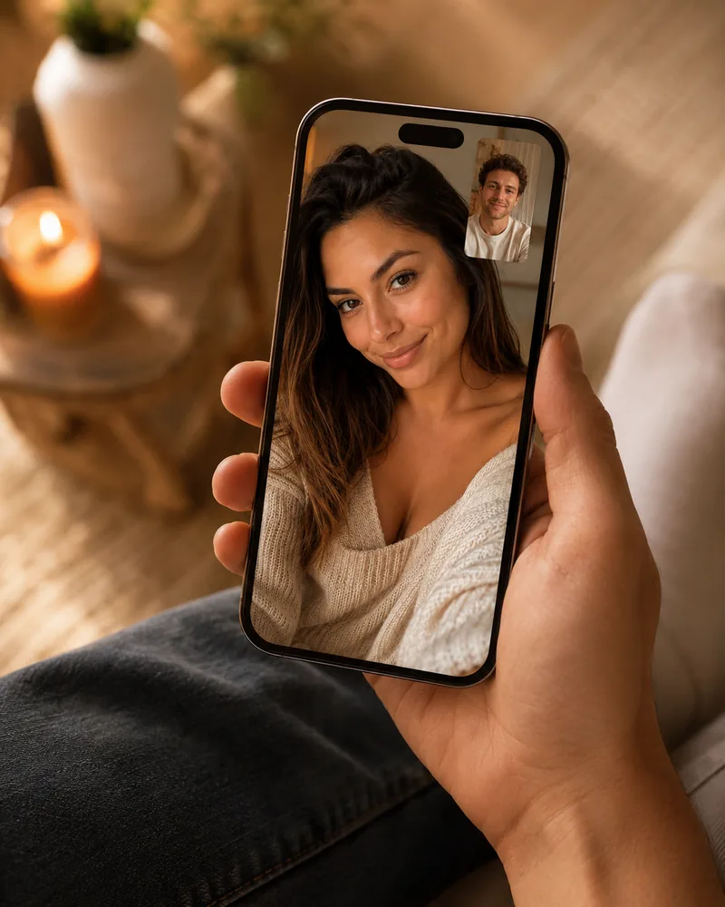 A live webcam roulette video call in a warm home setting